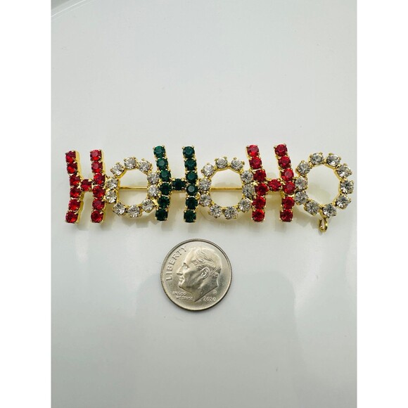 Vintage gold tone Christmas hohoho rhinestone brooch pin - Picture 2 of 5